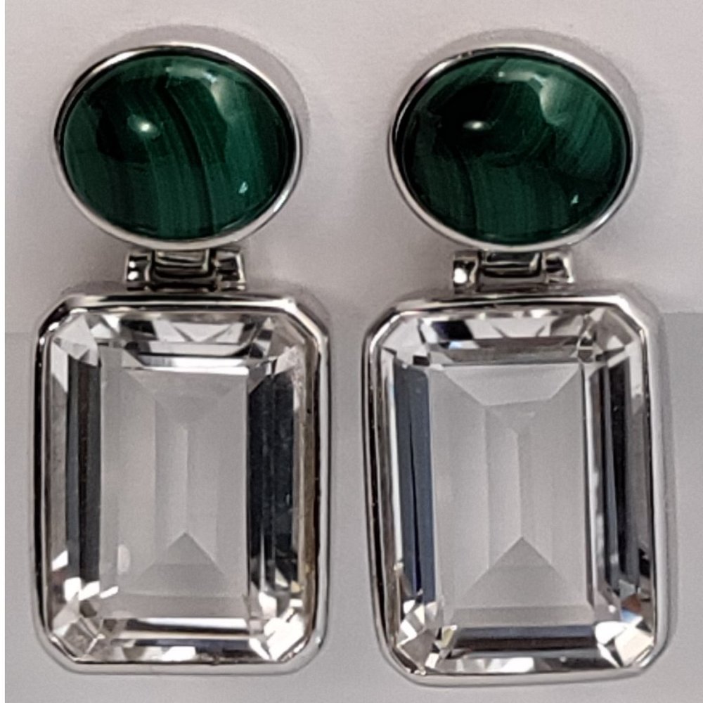 Chapal-Zenray Solid Sterling Silver Malachite Crystal Quartz Earrings